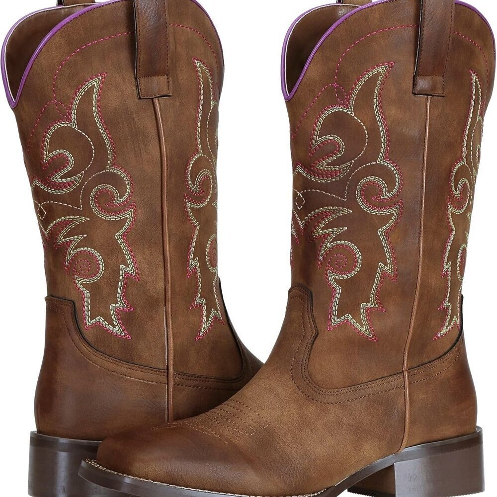 Ladies Western Square Toe Cowboy Boots Wide Calf Faux Leather 6